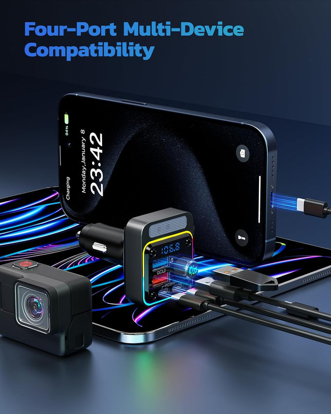 Nulaxy 54W Bluetooth 5.3 Car Adapter, FM Transmitter 4-Port Fast Charging