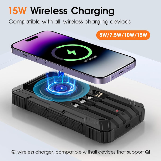 BLASOUL Solar Power Bank,49800mAh Wireless Portable Phone Charger with 4 Built-in Cables,22.5W Fast Charging USB-C in/Output External Battery Pack for iPhone,Android,Perfect for Hiking/Camping