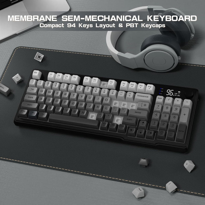 LexonElec M96 Wireless Keyboard, Low Profile Quiet Typing Membrane Gaming Keyboard with Smart Display & Knob, RGB Backlit, USB C Rechargeable, 94 Keys PBT Keycap for Windows PC,Mac,Linux-Moonlit Night