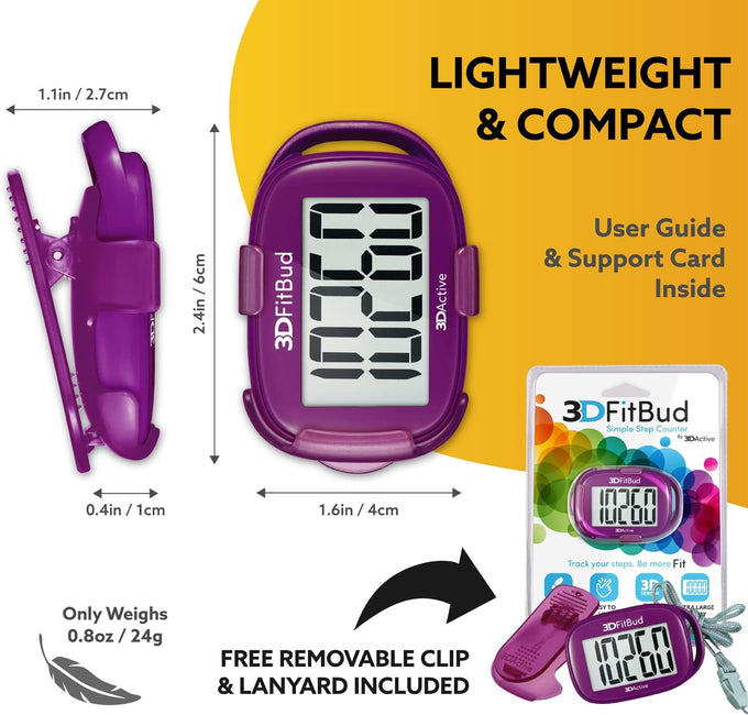 3DFitBud Simple Step Counter Walking 3D Pedometer by 3DActive with Clip, Lanyard Accurate Step Tracker Large Display, Easy to Use for Kids Men Women Adult Seniors Daily Step Tracking - A420S
