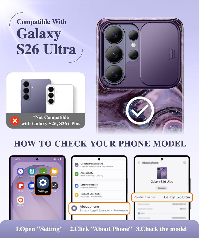 GVIEWIN for Samsung Galaxy S26 Ultra Case with Slide Camera Cover Marble