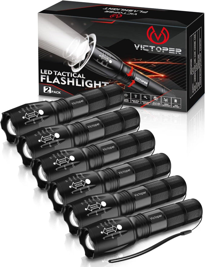 Victoper LED Flashlight 2 Pack, Bright Tactical Torch High Lumens 5 Modes, Waterproof Zoomable Flash Light for Outdoor, Birthday Gifts for Men, Dorm Room Hiking Camping Essentials Gear for Guys