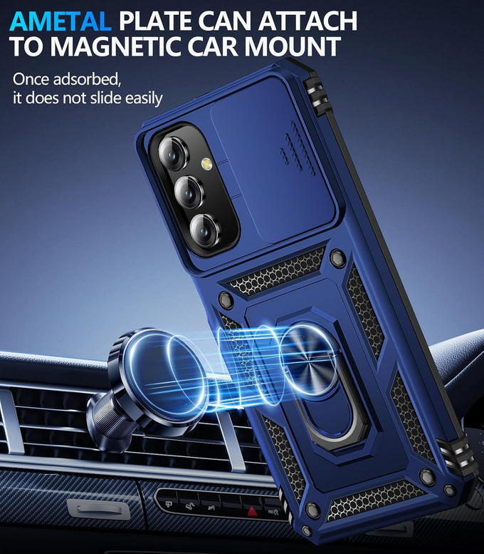 BaHaHoues for Samsung Galaxy A15 5G Case with Screen Protector & Slide Camera Lens Cover,Built-in 360°Rotate Magnetic Ring Stand Shockproof Protective Phone Case for Samsung A15 5G Case (Blue)