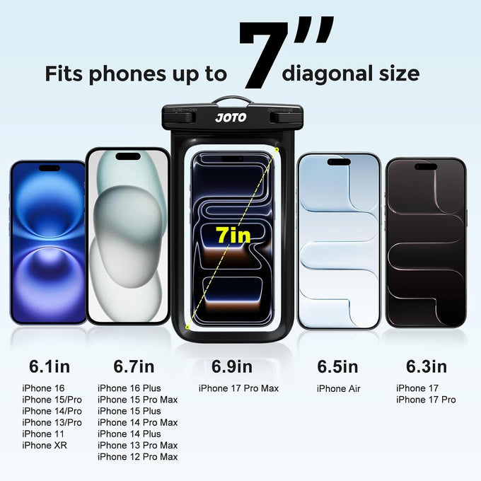 JOTO 2 Pack Waterproof Phone Pouch, Universal IPX8 Dry Bag up to 7" -Black