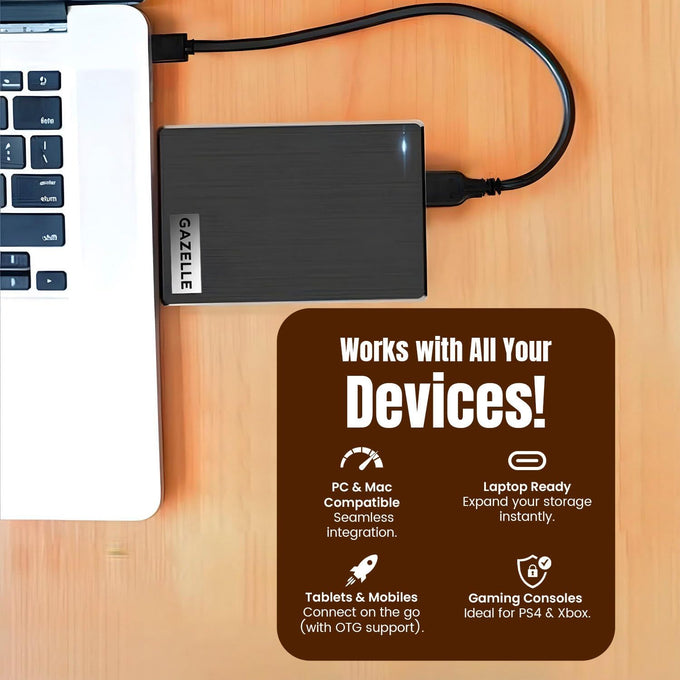 GAZELLE High-Speed 500GB Ultra Slim Portable External Hard Drive - 2-in-1 Type C & USB 3.0, Compatible with PC, Mac, Laptop, PS4, Xbox, iPad, Tablet, Mobile (Black) - 1 Year Warranty