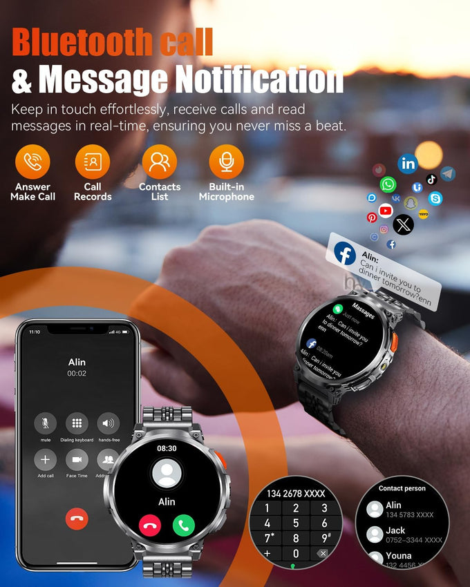 1.85" Big Screen Military Smart Watch for Men with Flashlight, 930mAh Large Battery, IP68 Waterproof, Bluetooth Calling, 114 Sports Modes, Heart Rate/Sleep Monitor for iPhone & Android