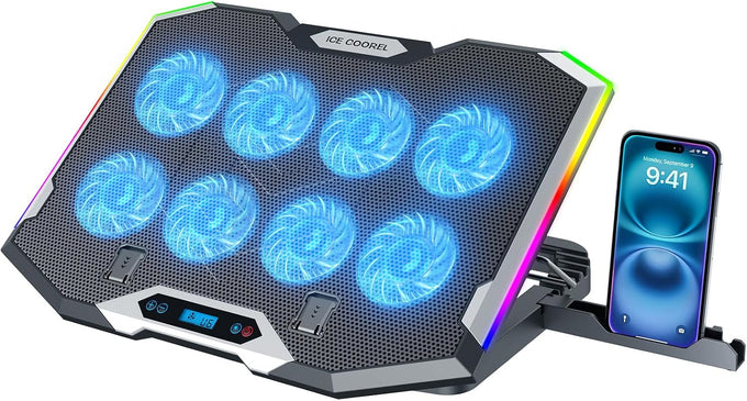 ICE COOREL Gaming Laptop Cooling Pad 15-17.3 Inch, Laptop Fan with 6 RGB Cooling Fans, Laptop Cooling Stand with 6 Height Adjustable, Laptop Cooler with LCD Screen, 2 USB Ports, Phone Stand