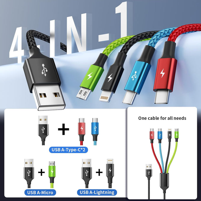 4 in 1 Multi Charging Cable, 2 Pack 5FT Charging Cords for Multiple Devices