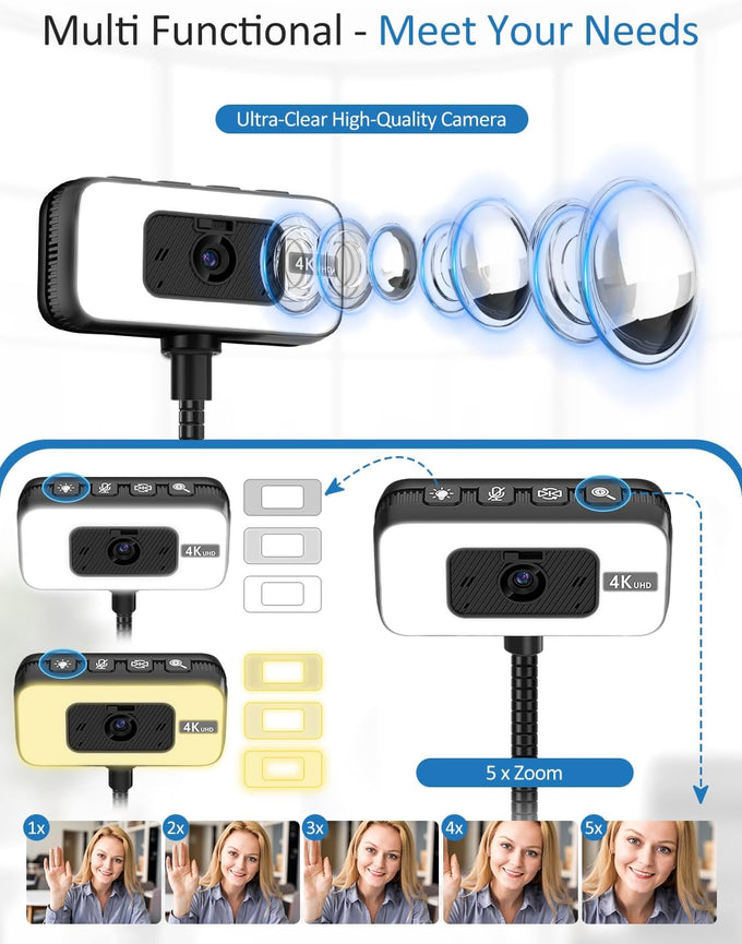 4K Webcam for PC with Light, PDAF Autofocus and Mic for PC Streaming