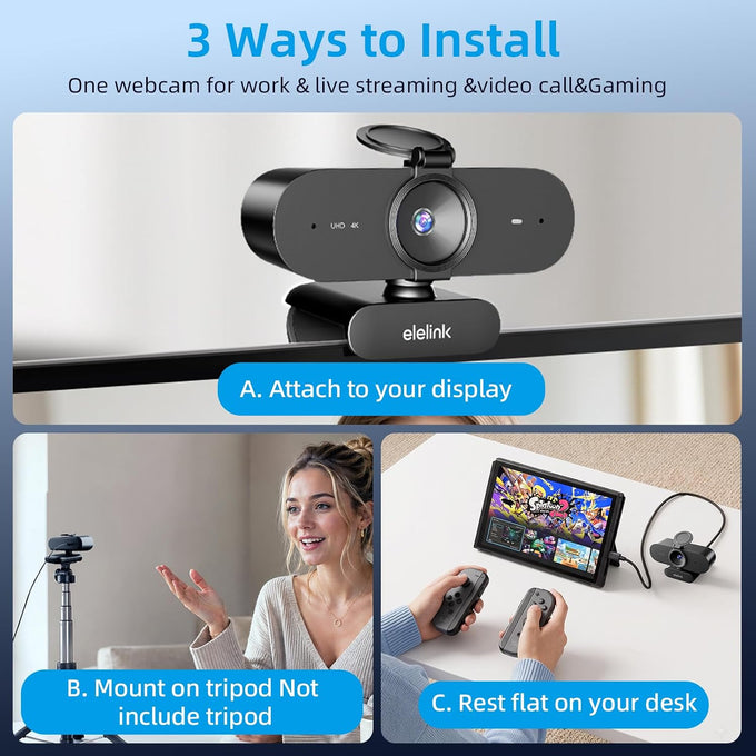 4K USB Webcam for PC,Auto Focus Streaming Web Cam,Dual Noise Reduction Mics