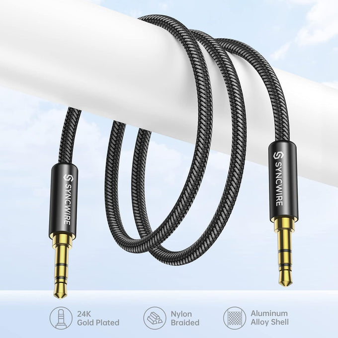 Syncwire 3.5mm Nylon Braided Aux Cable (3.3ft/1m,Hi-Fi Sound), Audio Auxiliary Input Adapter Male to Male Cord for Headphones, Car, Home Stereos, Speaker, iPhone, iPad, iPod, Echo & More – Black