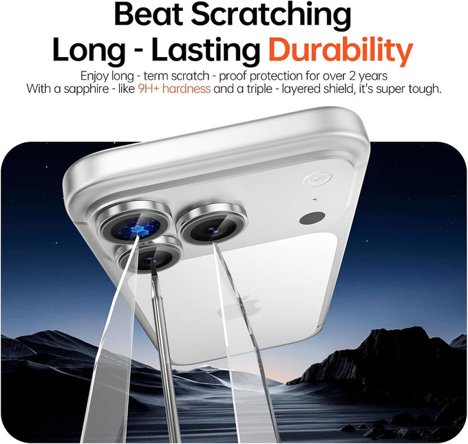 2 Pack Camera Lens Protector for iPhone 17 Pro Max/17 Pro/16 Pro Max/16 Pro/15 Pro Max/15 Pro/14 Pro Max/14 Pro [1:1 Invisible Fit] Military Grade Glass & Metal Camera Cover, Sliver