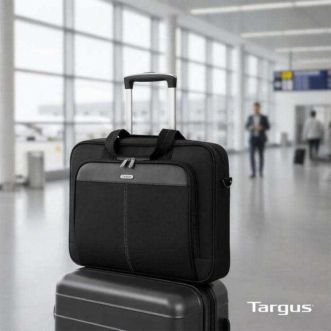 Targus 15-16 Inch Slim Lightweight Laptop Briefcase, Black - Messenger and Shoulder Bag with Padded Compartment and Trolley Strap for 16" Laptops (TCT027US)