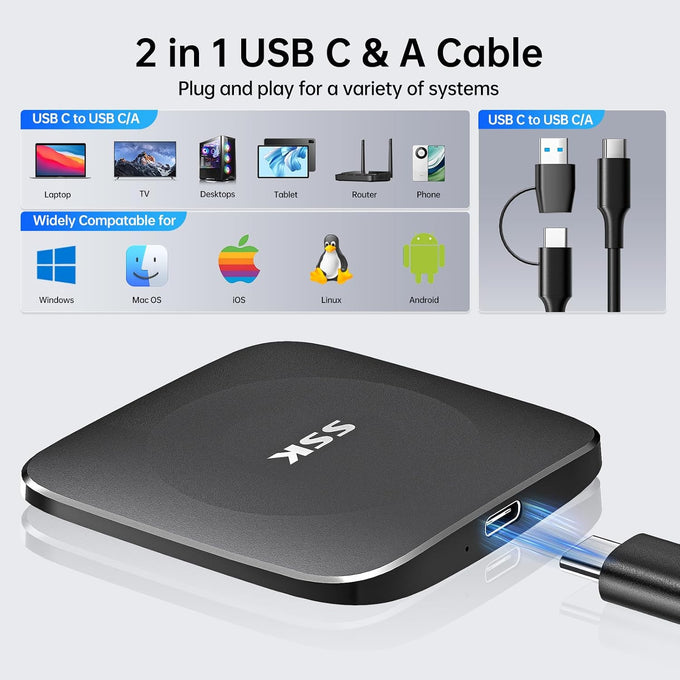 SSK External Hard Drive 256GB up to 550MB/s Portable SSD with USB C+A Cable