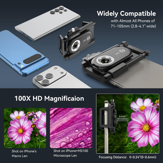 APEXEL 100X Portable Pocket Phone Microscope, Easy Focus for Beginners