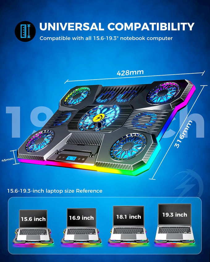 ChillCore Laptop Cooling Pad, RGB Lights Laptop Cooler 9 Fans for 15.6-19.3 Inch Laptops, Gaming Laptop Fan Cooling Pad with 8 Height Stands, 2 USB Ports - A21 Blue