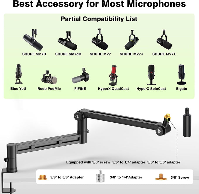 AA AUDIO ACCESSORY Mic Arm Desk Mount (Design for Heavy Mic) 6.6lbs Load Capacity, Stable Gear Lock Never Sags, Metal Low Profile Microphone Boom Stand for Shure SM7B SM7dB MV7, Blue Yeti, Rode PodMic