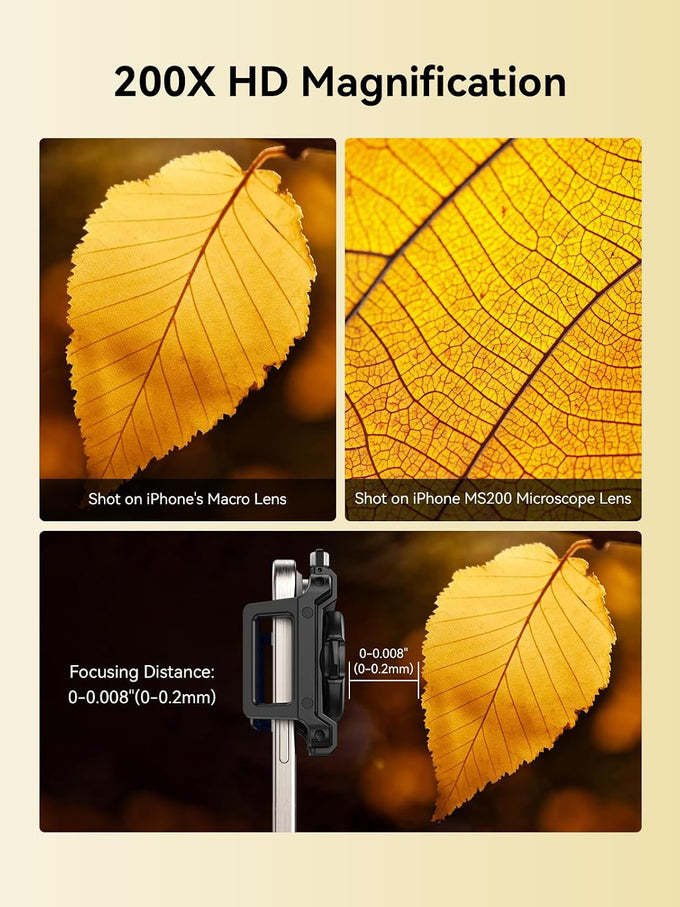 MIAO LAB 200X Phone Microscope Lens, Phone Camera Micro Lens with Universal Clip/LED Light/CPL, Mini Pocket Microscope Attachment for iPhone 17/16/15/14/13 Series and Most Smartphone MS200(200X)