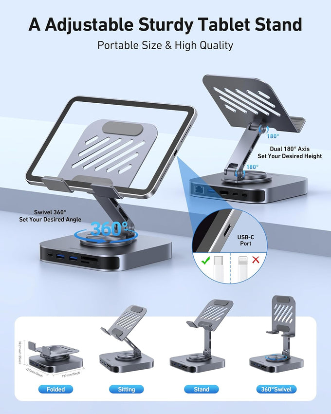 BENFEI USB C Hub Tablet Stand, 9-in-1 Foldable Rotating iPad Docking Station with 4K@60Hz HDMI, Ethernet, 1xUSB-C & 3X USB 3.0, 100W PD, SD/TF Card Reader for iPad Pro/Air/Mini