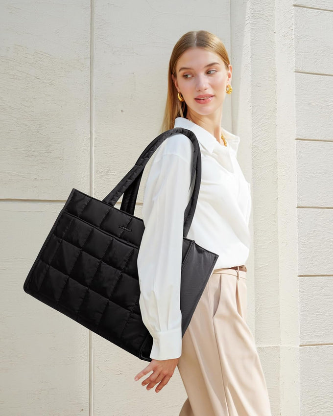 LOVEVOOK Tote Bag for Women, Puffer Work Handbag 15.6 Inch Laptop Purse for Nurse Teacher, Large Quilted Travel Tote Shoulder Bag with Zipper for College Office Clinical Gym, Black