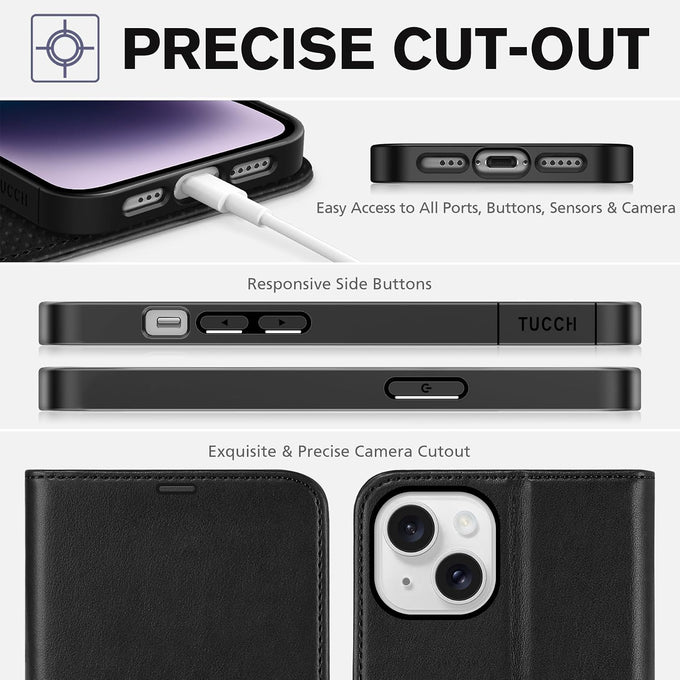 TUCCH Wallet Case for iPhone 14 (6.1") 2022, 4 Card Holders, Black