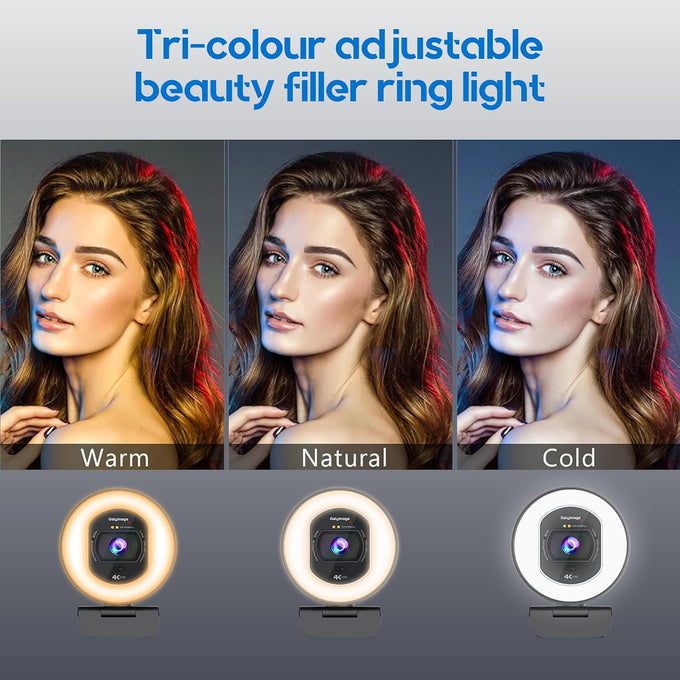 4K Webcam with Ring Light & Built-in Microphone for PC Streaming