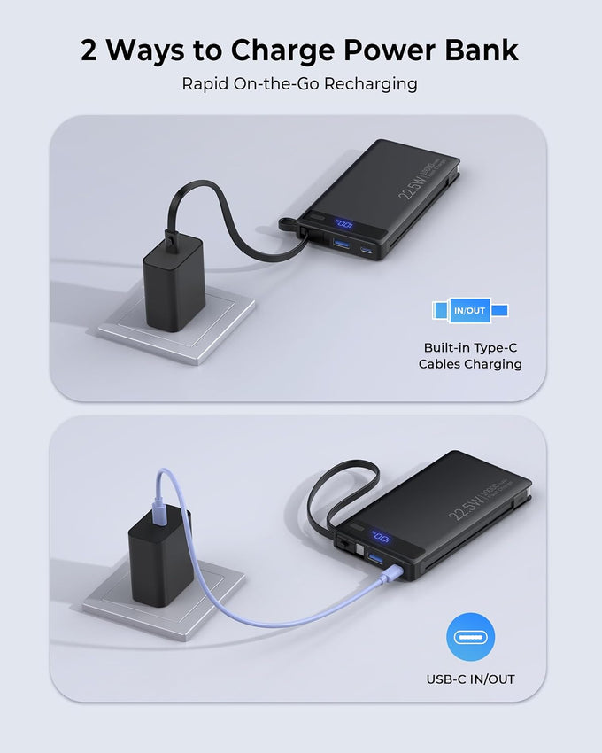 10000mAh Power Bank Built-in 2 Cables,40% Thinner 22.5W PD Portable Charger