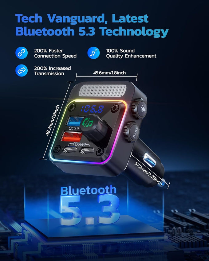 Nulaxy 54W Bluetooth 5.3 Car Adapter, FM Transmitter 4-Port Fast Charging