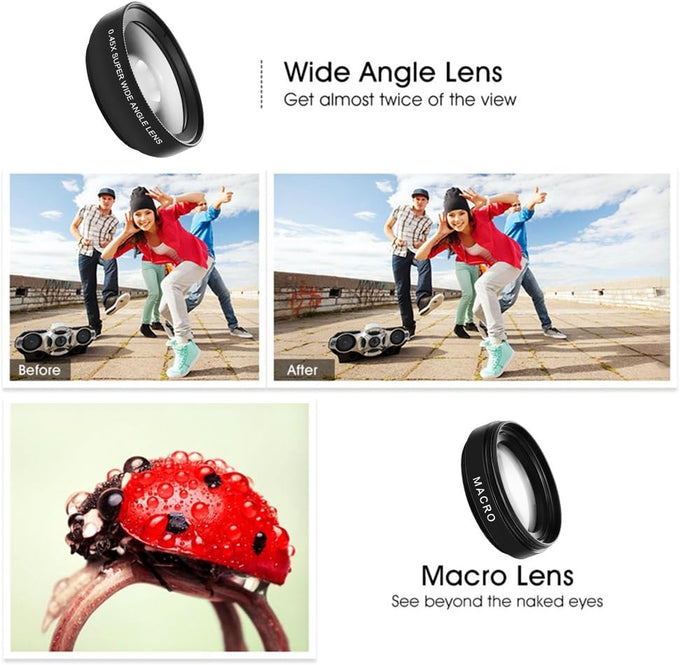 Phone Camera Lens, Professional Attachment Universal Clip on Cell Phone Photography Camera Attachable Mobile Extra 0.45X Wide Angle 12.5X Super Macro Lens Kit for iPhone Android Smartphone