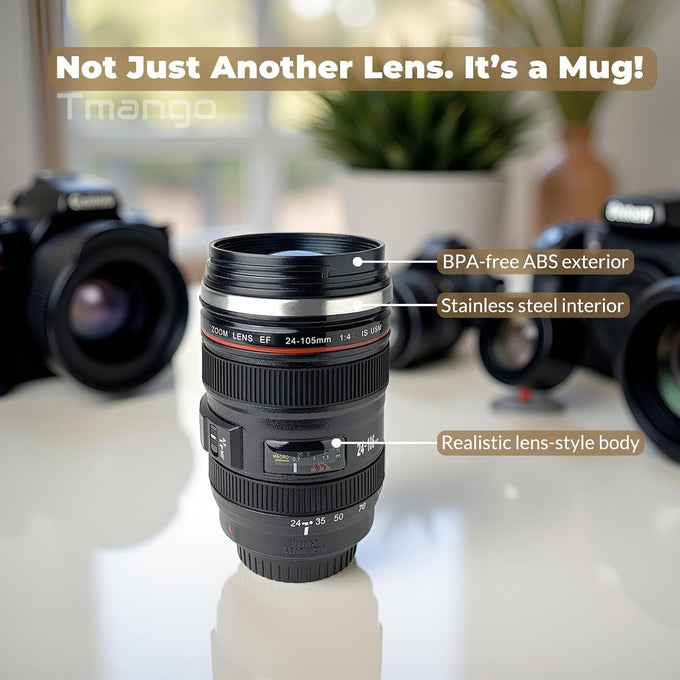 Camera Lens Coffee Mug with Clear Lid and Spoon – Lightweight Lens Cup Replica, Gift for Photographers