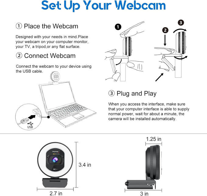 4K Webcam with Ring Light & Built-in Microphone for PC Streaming