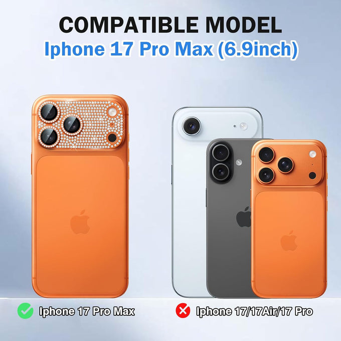 1 Pack Compatible for iPhone 17 Pro Max Camera Lens Protector Glitter, Bling Diamond Ring Anti-scratch 9H Tempered Lens Cover Easy Installation iPhone 17 Pro Max Lens Protector-Diamond Orange