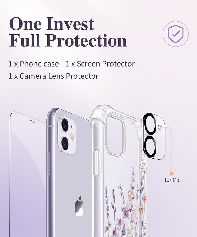 GVIEWIN for iPhone 11 Case Floral, Screen Protector & Camera Lens Protector