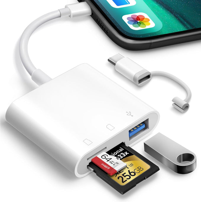 SD Card Reader for iPhone iPad, Oyuiasle Digital Trail Camera SD Card Viewer with Dual Slot for MicroSD/SD, Lightening&USBC Dual-Connector Memory Card Adapter for Photography, Plug and Play