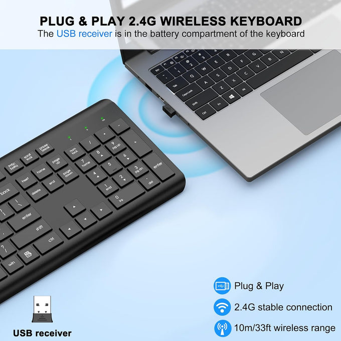 EDJO Wireless Keyboard, 2.4G Full-Sized Cordless USB Silent Computer Keyboard, Ergonomic Tilt Angle, Sleep Mode, Long Battery Life, for Windows, Mac OS Laptop/PC/Desktop/Notebook