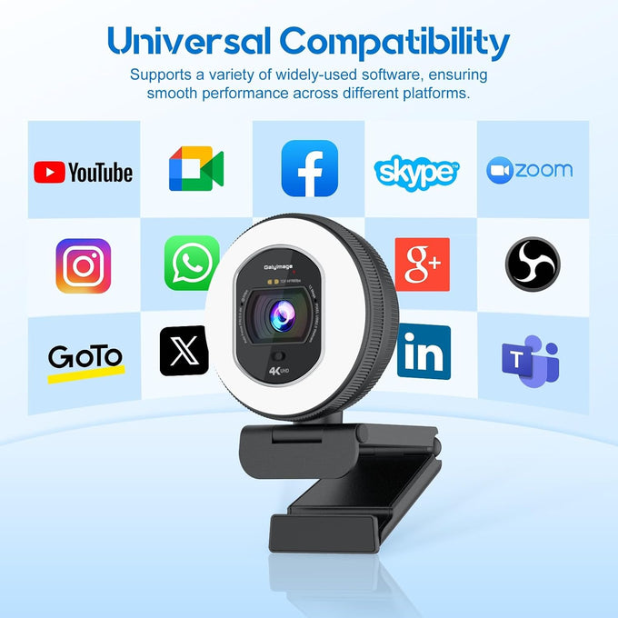 4K Webcam with Ring Light & Built-in Microphone for PC Streaming