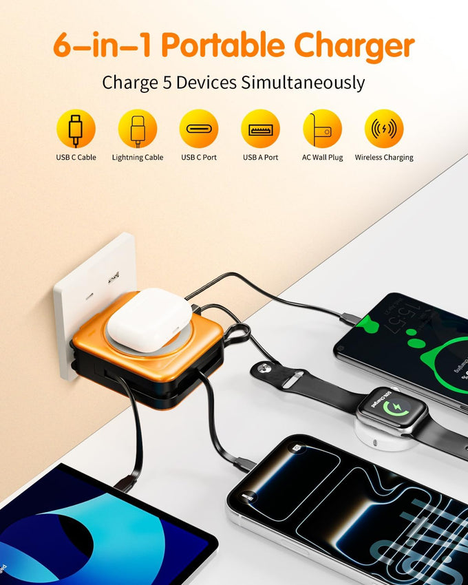 10000mAh for Magsafe Portable Charger Built-in Cables & AC Wall Plug,Orange