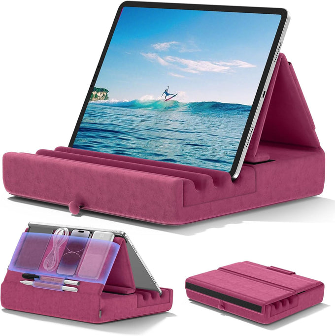 KDD Tablet Pillow Holder, Foldable iPad Stand for Lap, Bed and Desk -Tablet Soft Pad Dock with Pocket & Stylus Mount Compatible with iPad Pro 12.9, 10.5, 9.7 Air Mini 6 5 4 3, Galaxy Tab, E-Reader