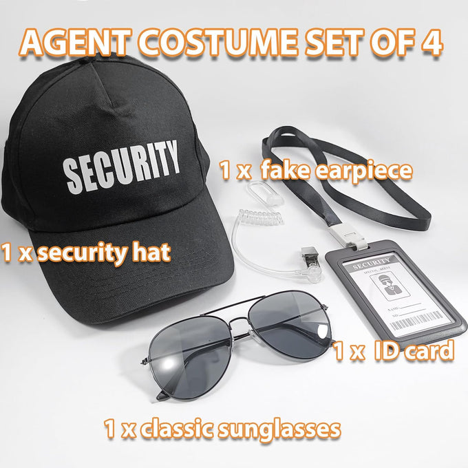 Agent Costume Halloween Security Service Outfit Accessory Secret Spy Costume Props Hat Sunglasses ID card Fake Earpiece Set of 4