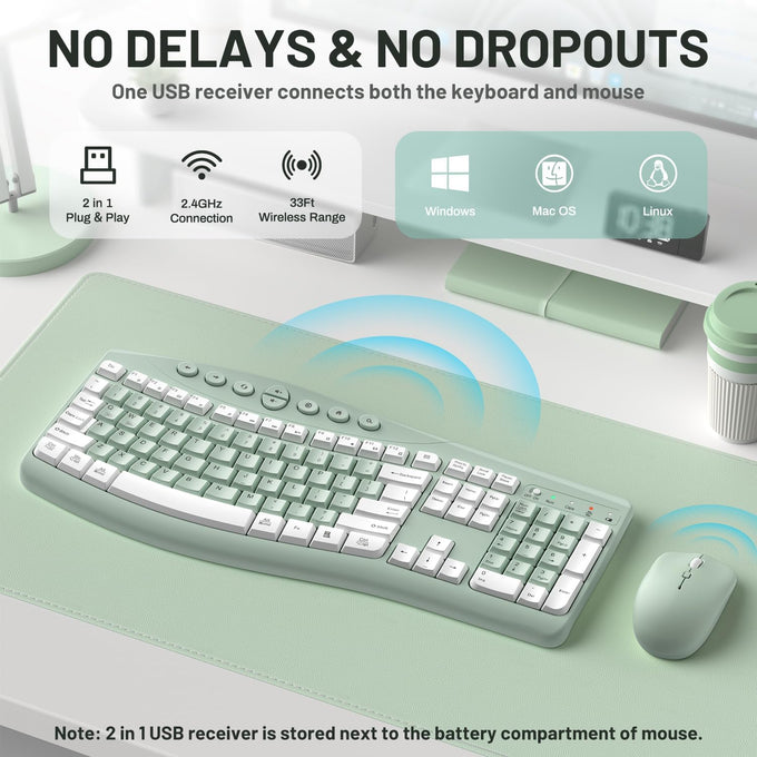 Wireless Keyboard and Mouse Combo Silent Ergonomic Curved Design for Office
