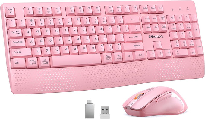 MEETION Wireless Keyboard and Mouse Combo, Full-Size with Wrist Rest, Pink