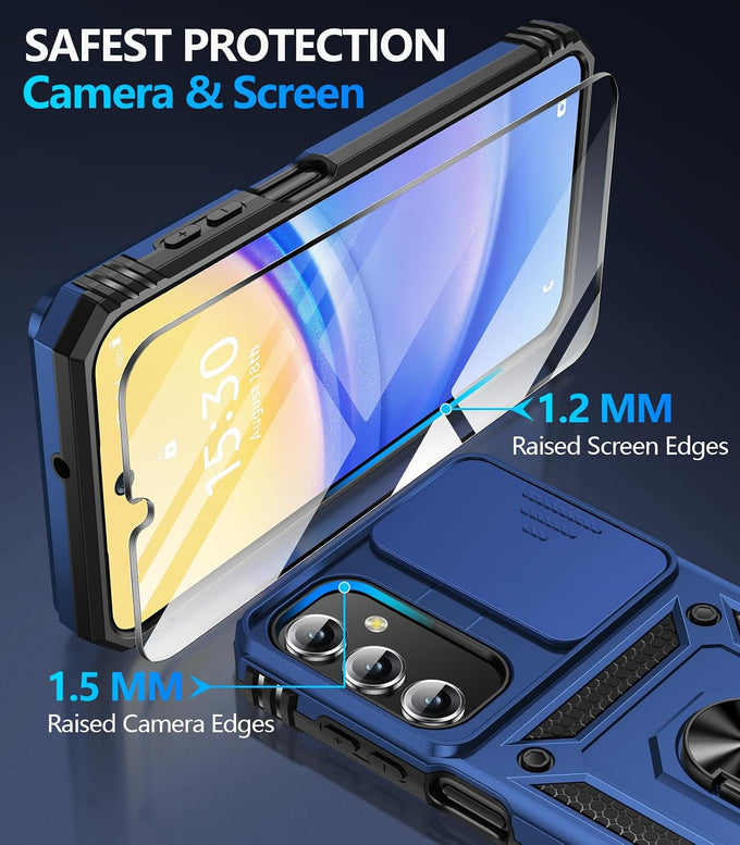 BaHaHoues for Samsung Galaxy A15 5G Case with Screen Protector & Slide Camera Lens Cover,Built-in 360°Rotate Magnetic Ring Stand Shockproof Protective Phone Case for Samsung A15 5G Case (Blue)