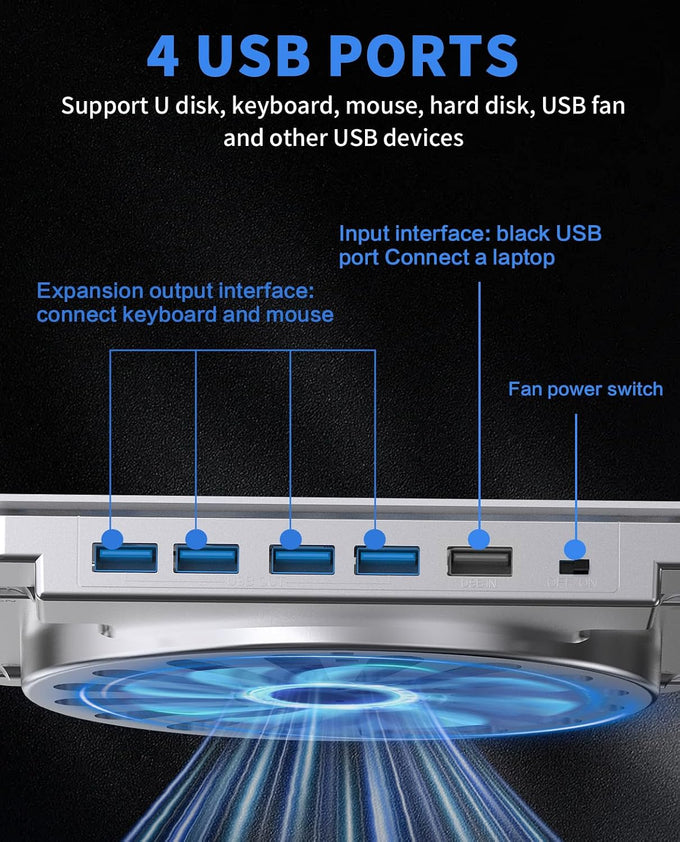 SOUNDANCE Adjustable Laptop Cooling Pad, 4 USB 3.0 Hubs, 10-16", Silver