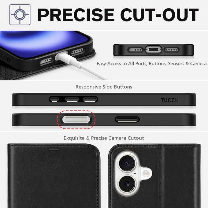 TUCCH Wallet Case for iPhone 16 (6.1") 2024, 4 Card Holders, Black