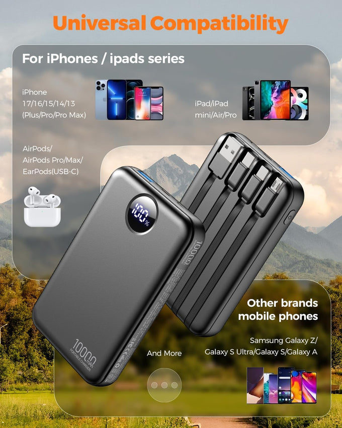 Portable Charger 10000mAh with 4 Built-in Cables 40% Smaller