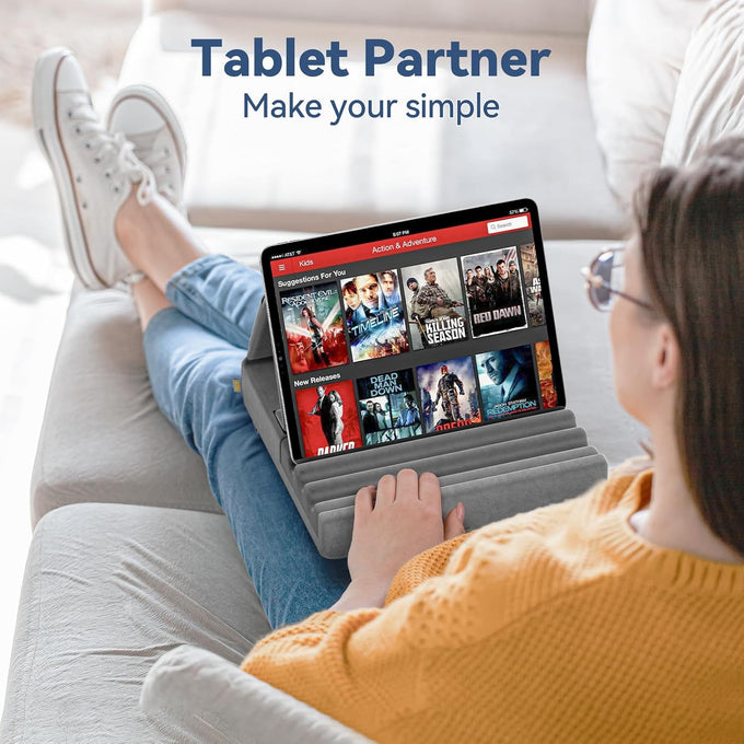 KDD Tablet Pillow Holder, Foldable iPad Stand for Lap, Bed and Desk -Tablet Soft Pad Dock with Pocket & Stylus Mount Compatible with iPad Pro 12.9, 10.5, 9.7 Air Mini 6 5 4 3, Galaxy Tab, E-Reader