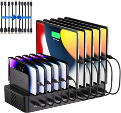 100W Charging Station for Multiple Devices, 10-Port USB Fast Charger, Black