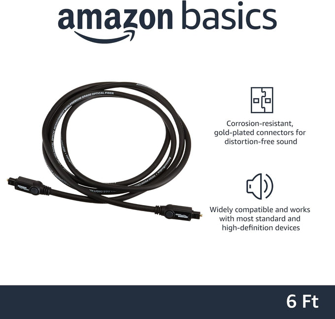 Amazon Basics Toslink Digital Optical Audio Fiber Optic Cable, Multi-Channel, for Sound Bar, Audio System, Home Theatre, Game Console, Blu-Ray Player, Gold-Plated Connectors, 6 Foot, Black