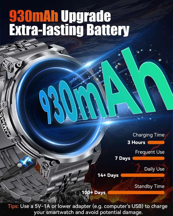 1.85" Big Screen Military Smart Watch for Men with Flashlight, 930mAh Large Battery, IP68 Waterproof, Bluetooth Calling, 114 Sports Modes, Heart Rate/Sleep Monitor for iPhone & Android