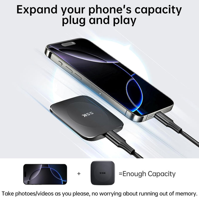 SSK External Hard Drive 256GB up to 550MB/s Portable SSD with USB C+A Cable